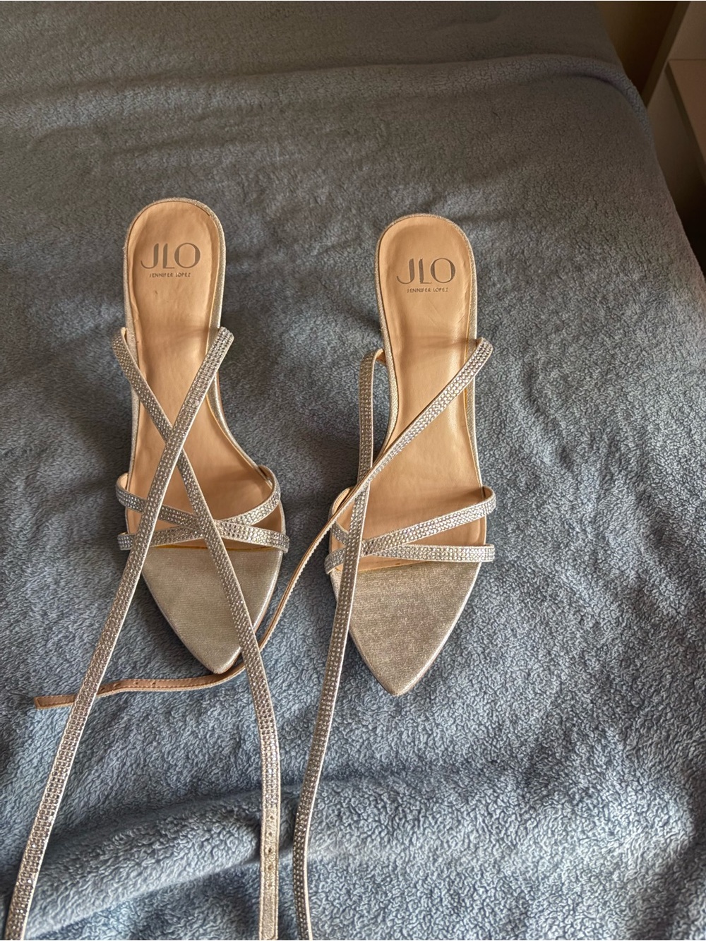 Jennifer Lopez Champagne Metallic Strappy Pointed-Toe Heels
